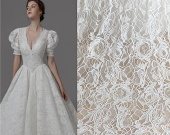 3 Yards White Ivory French Lace Fabric, Bridal Wedding Dress material, Soft Eyelash Chantilly flower scalloped lace by the yard