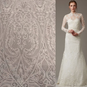 Ivory Embroidery Lace Fabric, Alencon Lace material, Bohemain Boho Bride Wedding Dress Evening Gown, Couture Bridal Flower lace by the yard