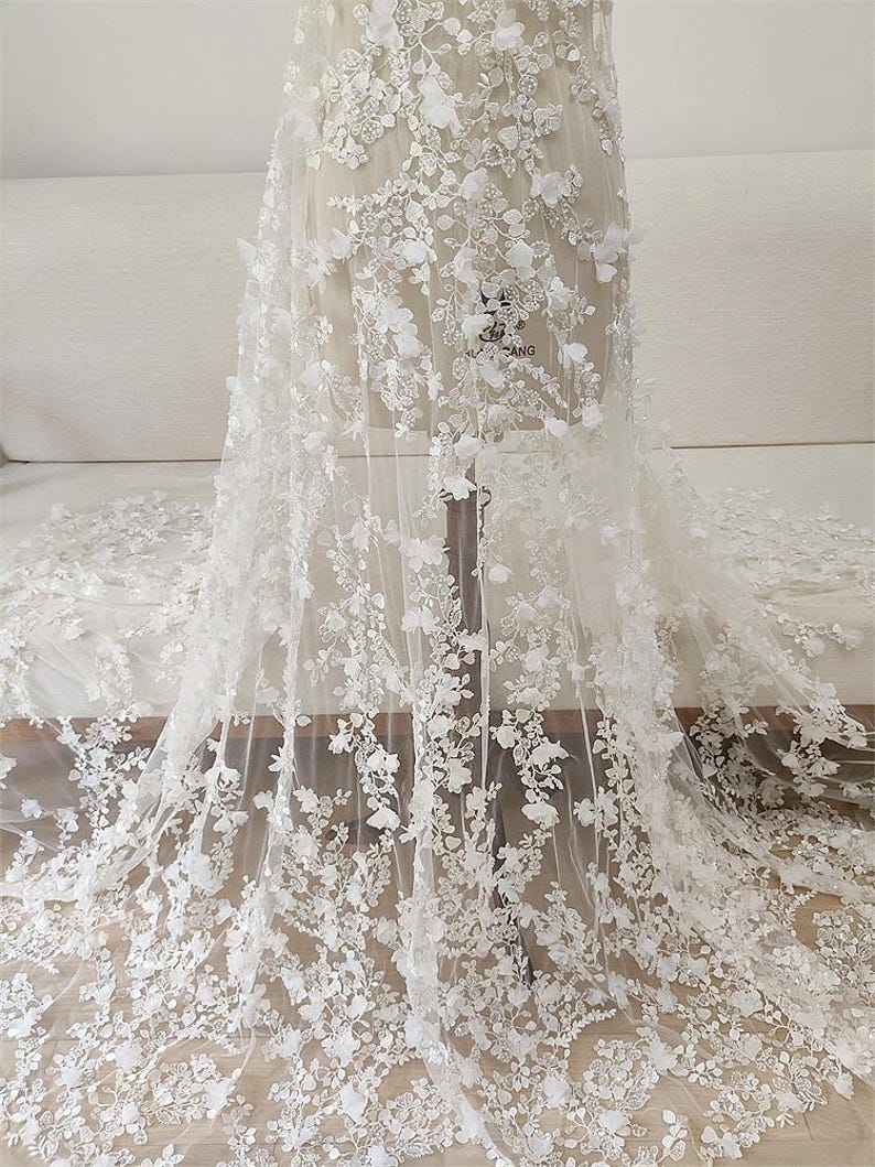 3D Ivory Sequin beading flower Lace Fabric, Couture lace for Bridal Wedding Dress, Embroidery Tulle Veil floral applique fabric by the yard image 5