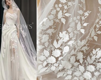 3D white bridal lace fabric, Leave Leaf Rose Floral flower Lace for Wedding Dress, Soft Embroidery Tulle Veil applique Fabric by the yard