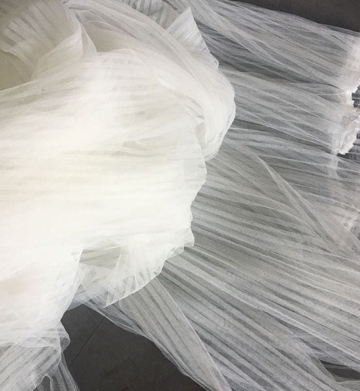 White Pleated Tulle Fabric, Soft Mesh Ruffled Pleats Panel Designer Cloth  for Bridal Wedding Dress, Lace Tulle Fabric by the Yard 