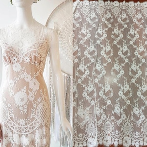Boho Bohemian White Ivory Chantilly Lace Fabric, Bridal Lace material, Wedding Dress Evening Gown, 3M Soft Eyelash Cotton flower Fashion