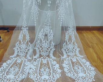 Luxury White heavy Sequin beaded Lace Fabric, Beading lace Bridal Wedding Dress, Gatsby Embroidery Tulle flower applique fabric by the yard