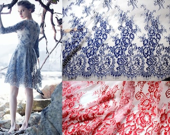 3 yard Blue Red Embroidery Chantilly Lace Tulle Fabric, DIY Fashion material, Wedding Dress Prom Party Evening Gown, Flower scalloped lace