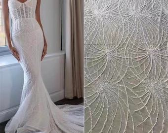 White heavy Sequin beaded Lace Fabric, Couture lace for Bridal Wedding Dress, Geometric Embroidery Tulle flower applique fabric by the yard