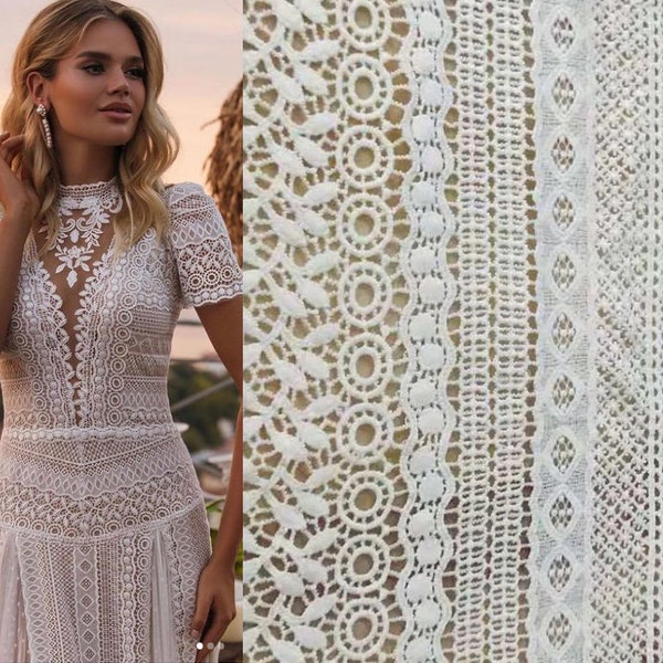 Tessuto di pizzo a rete guipure bianco, pizzo Boho Cotton Rayon, abito da sposa linea a strisce ricamo fiore pizzo tagliato a misura