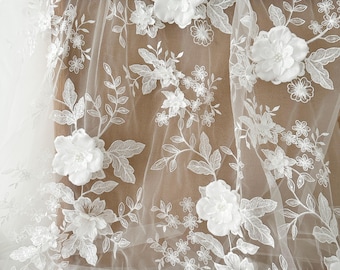 3D Ivory Flower Beaded Sequin Lace Fabric, Bridal Floral Lace for Wedding Couture Dress, Luxury Embroidery Tulle Fabric by the yard
