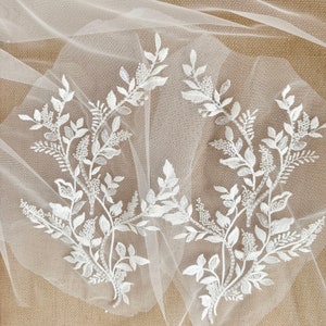 Pair of White Embroidery Leaves Leaf Flower Lace Fabric, Beaded Sequin applique material piece, Wedding Dress Lace trim, 2PCS Mesh Bodice