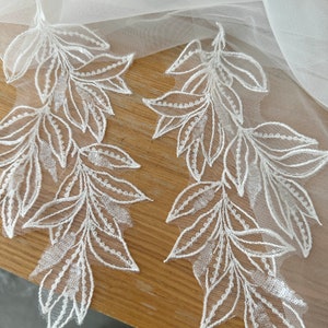 Pair of White Embroidery Leaves Leaf Lace Fabric, Sequin applique piece, Wedding Dress Lace trim, 2PCS flower Bodice Motif Patch