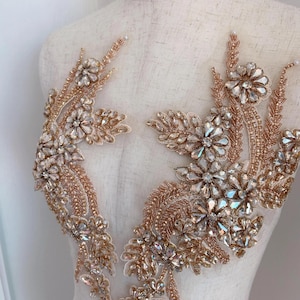 White Gold Champagne Purple Black Rhinestone Crystal applique, Embroidery Flower Fabric, Beaded Patch piece for Wedding Costume Dance Dress