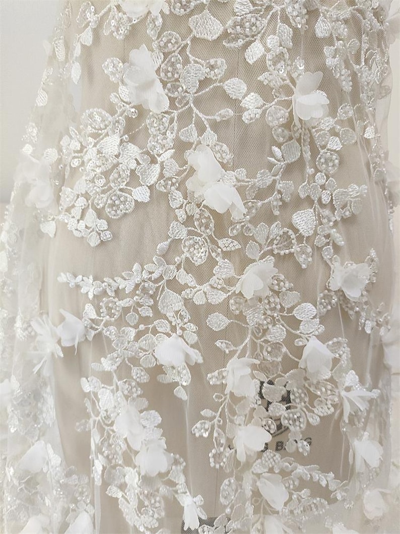 3D Ivory Sequin beading flower Lace Fabric, Couture lace for Bridal Wedding Dress, Embroidery Tulle Veil floral applique fabric by the yard image 3