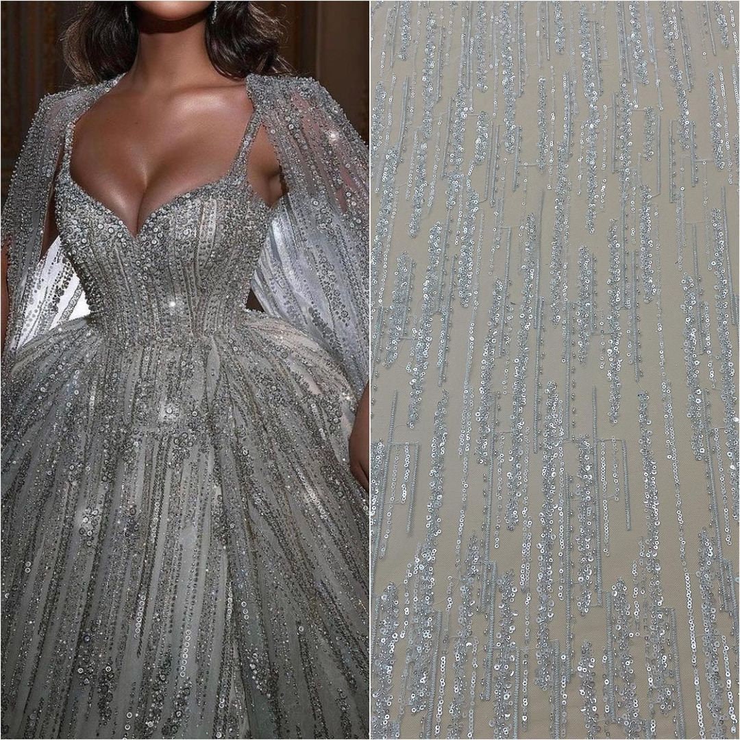 White Silver Sequin Beaded Lace Fabric Bridal Wedding Dress - Etsy