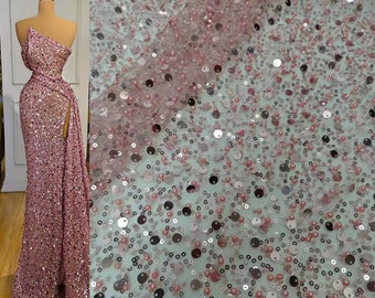 Pink Crystal Pearl Beaded Fabric, Heavy Sequin Bead Lace for