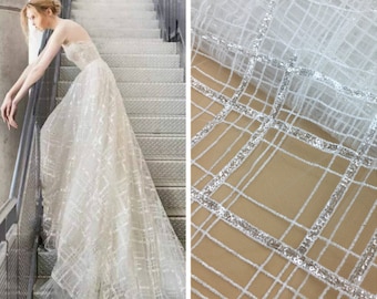Sequin lace fabric geometric, White ivory Wedding Evening Dress Embroidery lace, couture tulle bridal flower check lace fabric by the yard