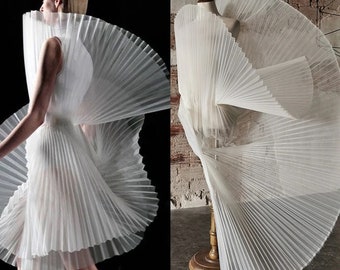3D Hard White Pleated Organza Fabric, Designer Wedding Dress Costume Ruff Lace, Stiff Black Fold DIY Pleats panel skirt Fabric by the yard