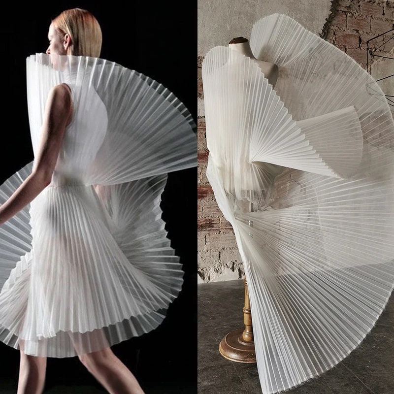 3D Hard White Pleated Organza Fabric, Designer Wedding Dress
