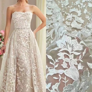 Boho Elfenbein Blume Blatt Spitzenstoff mit Pailletten, Braut Spitze Material für Hochzeitskleid, Weiche Stickerei Blumenapplikation Spitze durch die Meter