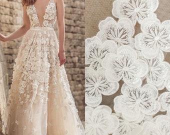 lace Fabric Flowers for embellishment, 3D Ivory DIY Floral sequin applique, Fabric flowers for Veil girl wedding dress bouquet Headband