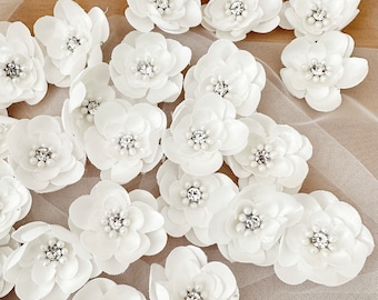 White Satin Rhinestone Fabric Flower for embellishment, 3D DIY Floral applique, Fabric flowers for Veil girl wedding dress favor Headband