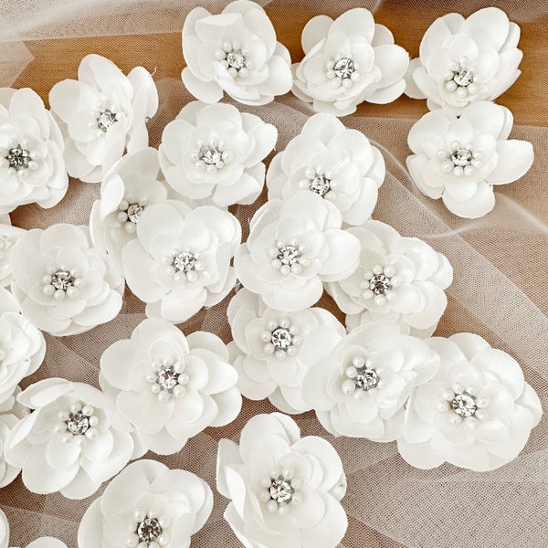 White Satin Rhinestone Fabric Flower for embellishment, 3D DIY Floral applique, Fabric flowers for Veil girl wedding dress favor Headband