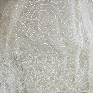 Sequin Scalloped Lace Fabric Geometric, White Ivory Wedding Dress ...