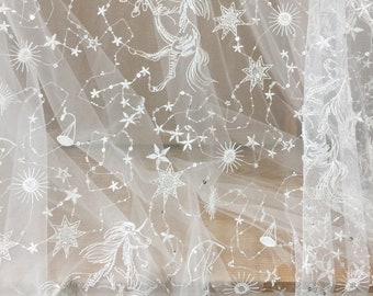 Star celestial Embroidery Fabric, Soft Ivory White Tulle, Bridal Wedding Evening Dress, Sequin Beaded lace, Fashion DIY Fabric by the Yard