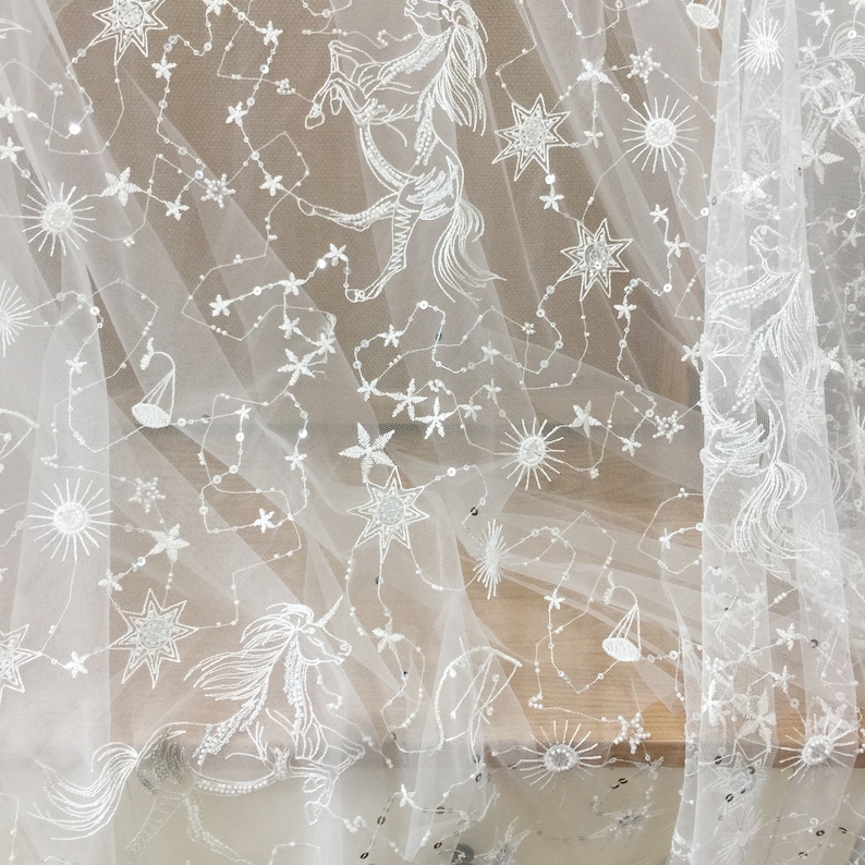 Star celestial Embroidery Fabric, Soft Ivory White Tulle, Bridal Wedding Evening Dress, Sequin Beaded lace, Fashion DIY Fabric by the Yard 