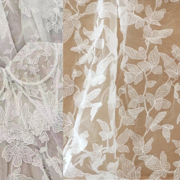 Tissu blanc de dentelle de feuille d’ivoire, applique de voile doux, robe de mariée, broderie de guipure de coton laisse la dentelle florale de fleur par cour