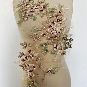 Apliques bordados de encaje con hojas coloridas, aplique de flores para vestido de novia o de noche, tela de encaje con cuentas de diamantes de imitación de cristal