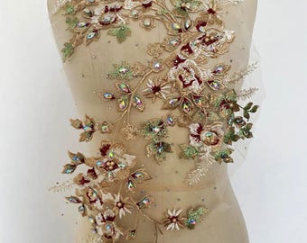 Colorful Leaves lace Embroidered Appliques, Flower Applique Patch for Bridal Wedding Evening dress, Crystal Rhinestone beading lace fabric