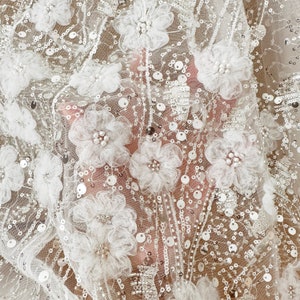 3D White Sequin Beading Flower Lace Fabric, Couture Lace for Bridal ...