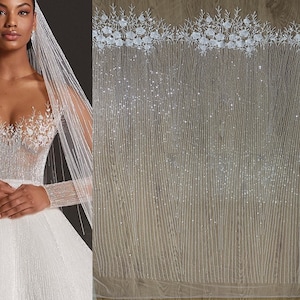 Luxury White heavy Sequin beaded Lace Fabric, Beading lace Bridal Wedding Dress, Stripe Embroidery Tulle flower applique fabric by the yard