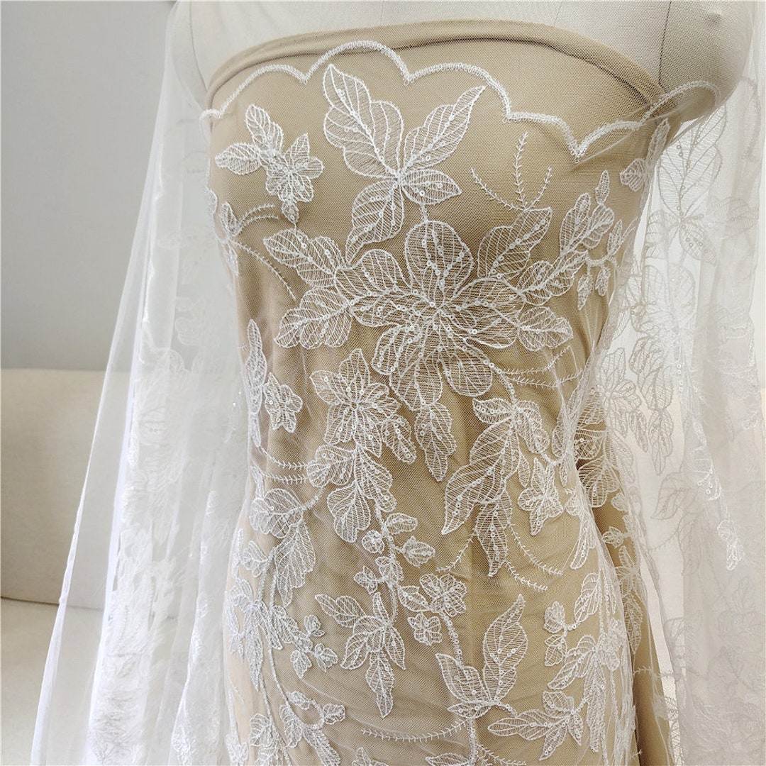 White Color Leaf Sequin Lace Fabric, Floral Veil Applique Material ...