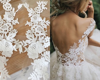 Tela de encaje con espejo de flores bordadas en blanco marfil, pieza de material de velo con apliques de encaje, adorno de encaje para vestido de novia, corpiño de encaje de guipur 2 uds.
