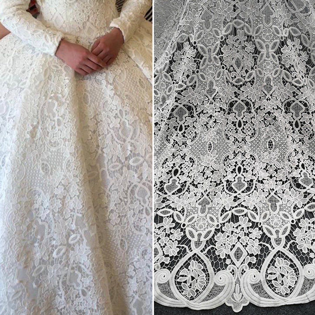 White Lace Rayon Mesh Fabric, Floral Guipure Lace, Bridal Wedding Dress