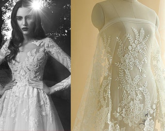 Ivory Sequin Lace Fabric, Guipure Rayon lace, Bridal Wedding Dress,  Alencon Embroidery Tulle flower lace, Veil applique fabric by the yard