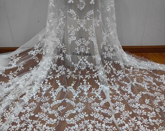 3D Flower Leaves beaded Sequin Lace Fabric, White Ivory Bridal Floral Lace for Veil Wedding Dress , Embroidery Leaf Tulle lace by the yard