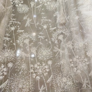 Ivory Dandelion Floral Embroidery Lace Fabric, Beaded Pearl sequin Lace material for Bridal Wedding Dress, Flower lace by the yard