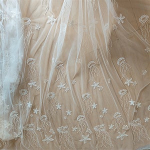 Ivory Sea Jellyfish Embroidery Lace Fabric Bridal Lace material Wedding Dress Soft tulle flower lace by the yard