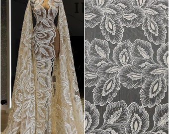 Tela bordada de encaje de lentejuelas con cuentas de color blanco marfil, tul con apliques de encaje de hoja de hojas florales de flores, tela de vestido de novia cortada a medida