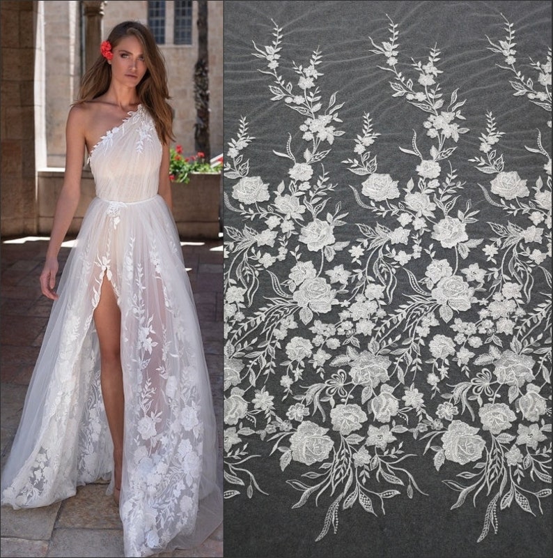 3D Embroidery Flower Lace Fabric, Bridal Ivory White Wedding Dress Lace Applique, Floral Venice Mesh Tulle Veil Sequin Lace by the yards image 1