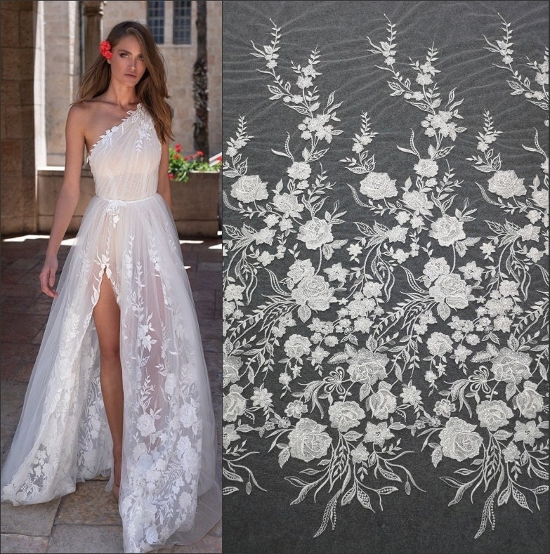 Tela de encaje de flores de bordado 3D, apliques de encaje de vestido de novia blanco marfil nupcial, encaje de lentejuelas de velo de tul de malla de Venecia floral cortado a medida