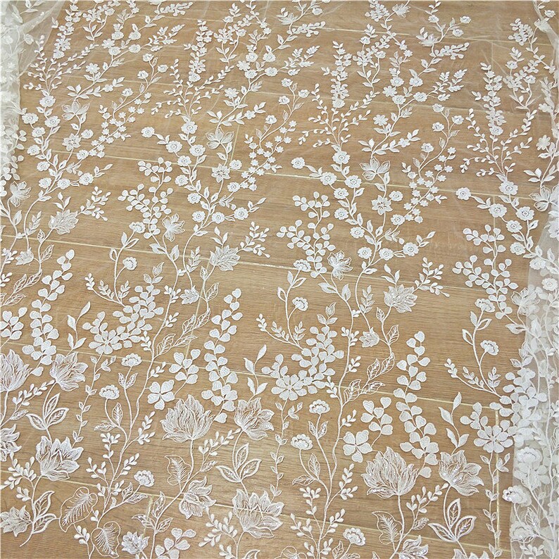 Boho White Ivory Embroidery floral Lace Fabric Bridal Lace material Wedding Dress Soft Alencon Cotton Mesh Venice flower lace by the yard 