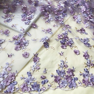 3D Lilac Purple Lace Tulle Embroidery Beaded Flower Lace Fabric for Costume Wedding Evening Prom Dress, Blue Pink floral lace by the yard