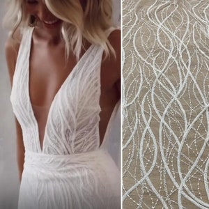 White Ivory Sequin beaded Lace Fabric, Wave Stripe lace Bridal Wedding Dress, Line Embroidery Tulle flower applique fabric by the yard