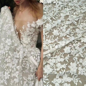 Boho White Ivory Embroidery floral Lace Fabric, Lace material for Bridal Wedding Dress, Soft flower tulle lace by the yard