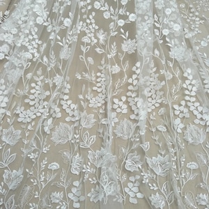 Boho Ivory Embroidery floral Lace Fabric Bridal sequin Lace material Wedding Dress Soft Tulle Rayon Mesh leaves flower lace by the yard image 9