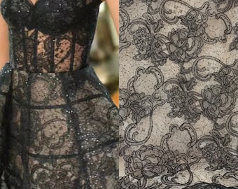 Black Embroidery floral Lace Fabric, Sequin Lace Bridal Wedding Evening Dress, Guipure Rayon Cotton Mesh Venice flower lace by the yard