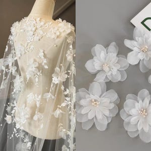 Stoffblumen zur Verschönerung, 3D weiße Organza-DIY-Blumenapplikation, Stoffblumen für Schleier-Umhang-Hochzeitskleidblumenstrauß-Stirnband