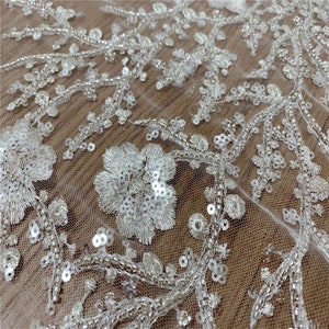 White Ivory Silver Heavy Sequin Beaded Lace Fabric, Bridal Lace Wedding ...